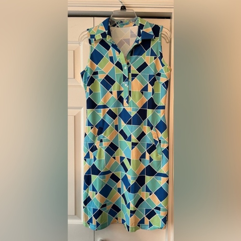J McLaughlin Women's Blue Geometric Dolly Catalina Cloth Midi Dress EUC M #2126